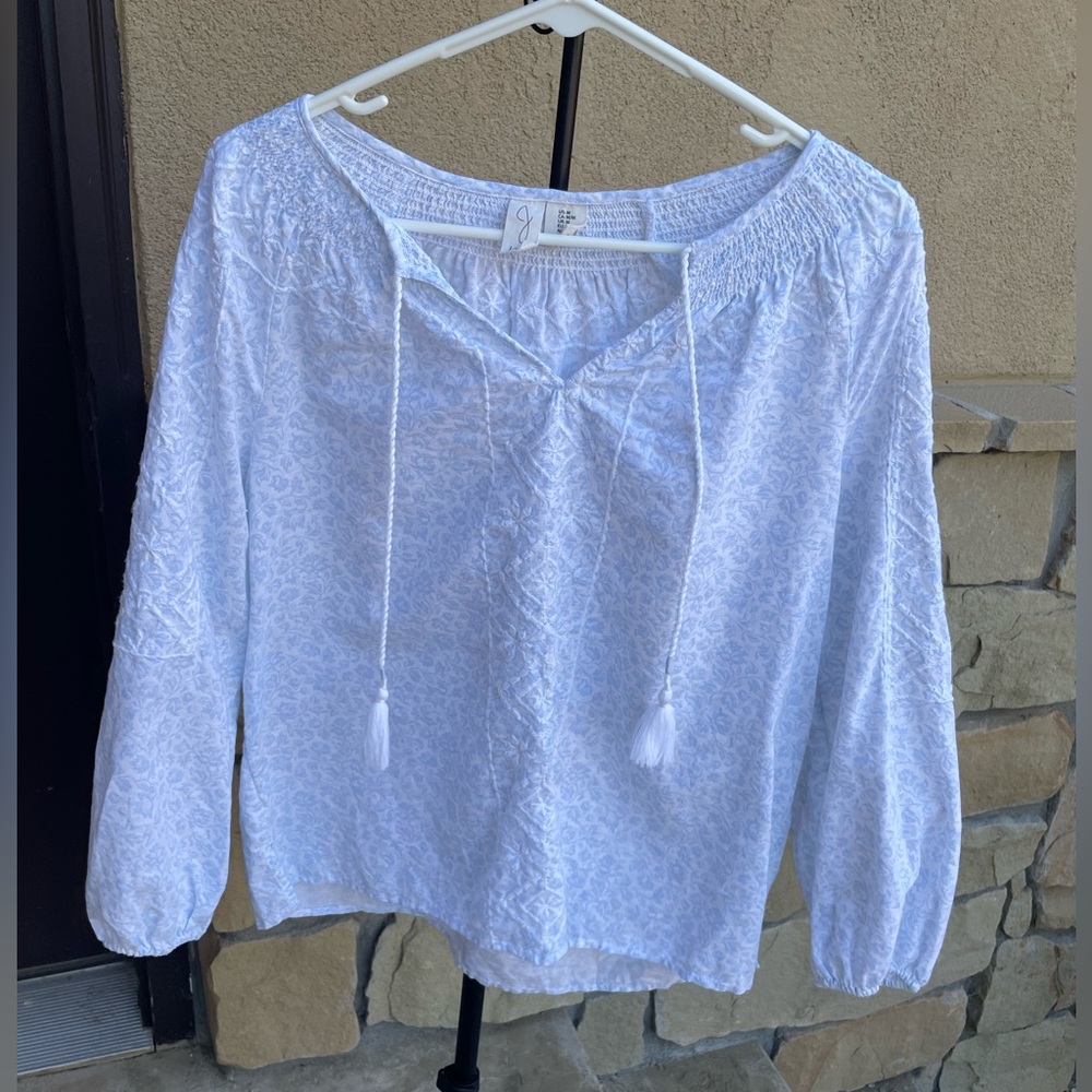 Joie blue and white embroidered peasant blouse